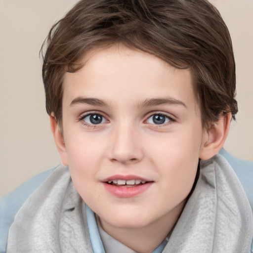 Joyful white child female with short  brown hair and brown eyes