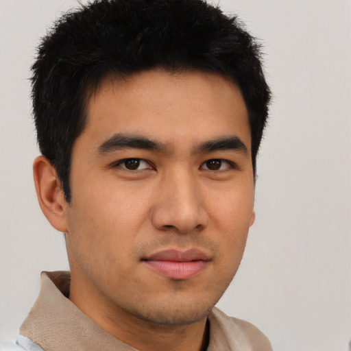 Neutral asian young-adult male with short  brown hair and brown eyes