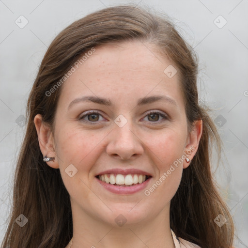 Joyful white young-adult female with long  brown hair and grey eyes