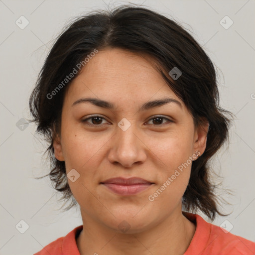 Joyful white adult female with medium  brown hair and brown eyes