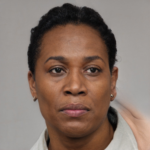 Neutral black adult female with short  black hair and brown eyes