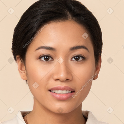 Joyful white young-adult female with medium  brown hair and brown eyes