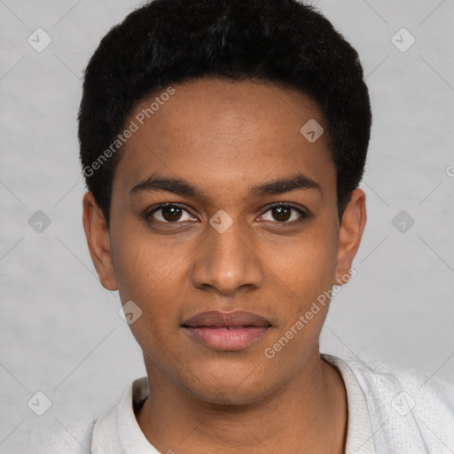 Neutral black young-adult male with short  black hair and brown eyes