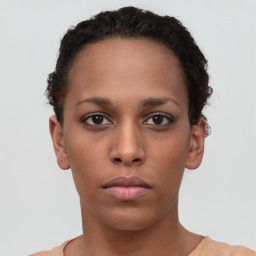 Neutral black young-adult female with short  brown hair and brown eyes