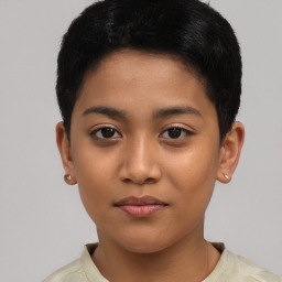 Neutral asian young-adult female with short  black hair and brown eyes