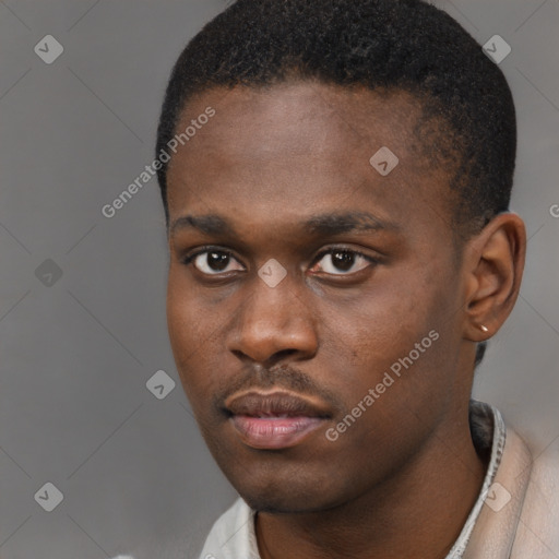 Neutral black young-adult male with short  black hair and brown eyes