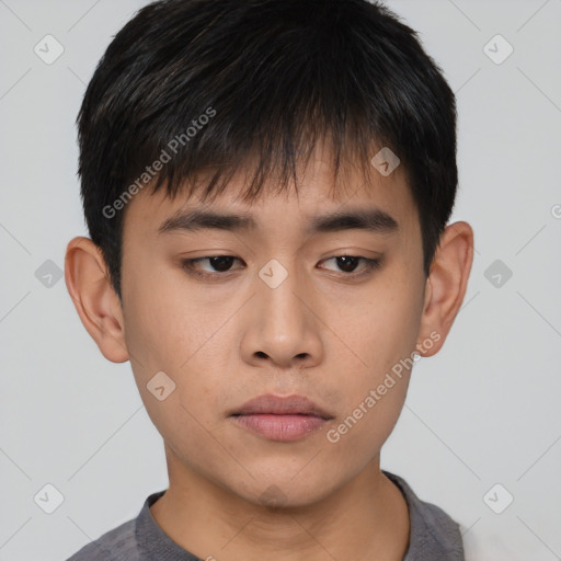 Neutral asian young-adult male with short  brown hair and brown eyes