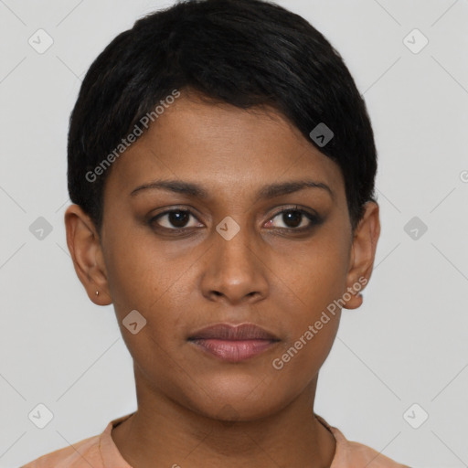 Neutral black young-adult female with short  black hair and brown eyes