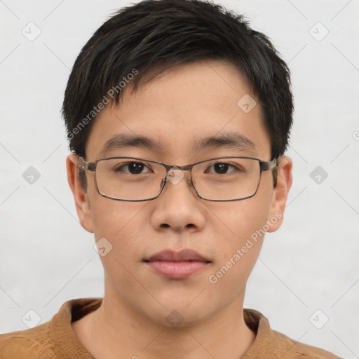 Neutral asian young-adult male with short  brown hair and brown eyes