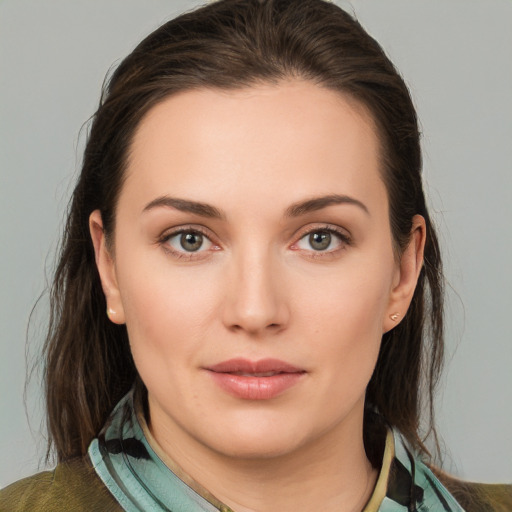 Neutral white young-adult female with medium  brown hair and brown eyes