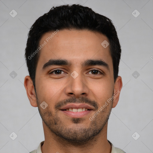 Neutral latino young-adult male with short  black hair and brown eyes