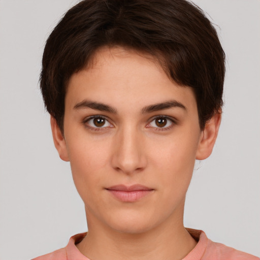 Neutral white young-adult female with short  brown hair and brown eyes