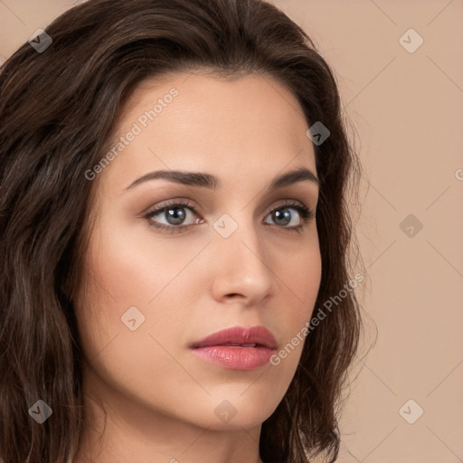 Neutral white young-adult female with long  brown hair and brown eyes