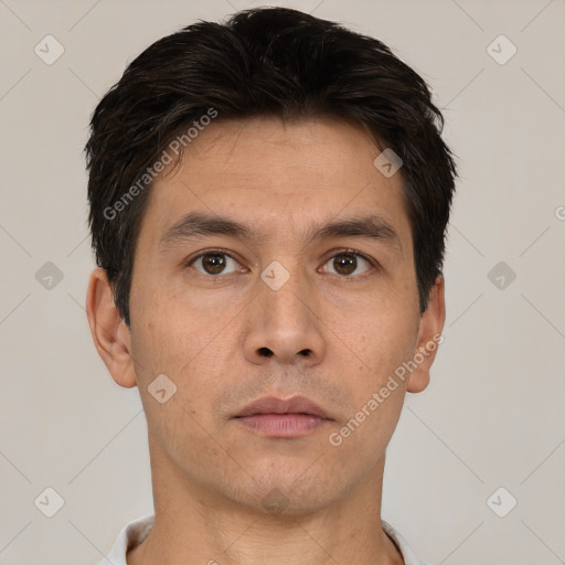 Neutral white adult male with short  brown hair and brown eyes