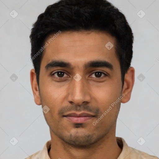 Neutral latino young-adult male with short  black hair and brown eyes