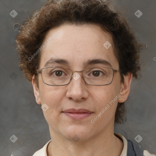 Joyful white adult female with short  brown hair and brown eyes