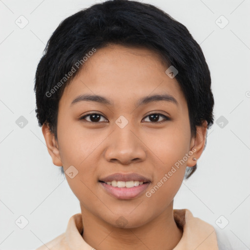 Joyful latino young-adult female with short  black hair and brown eyes