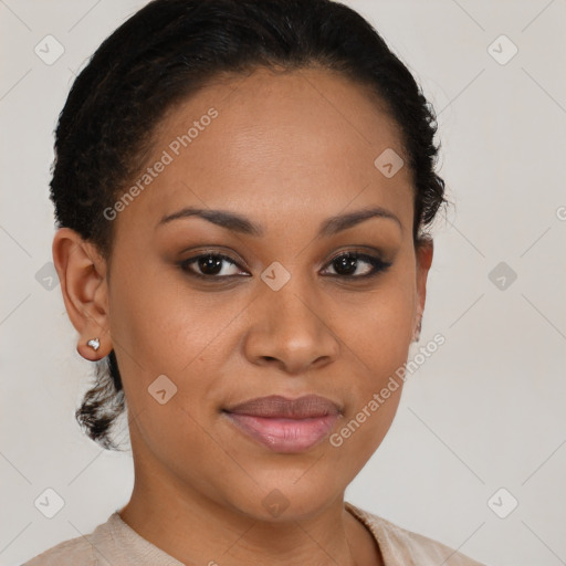 Joyful latino young-adult female with short  brown hair and brown eyes