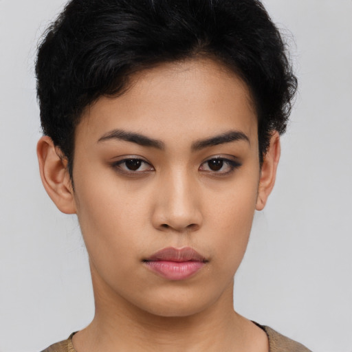 Neutral asian young-adult female with short  black hair and brown eyes
