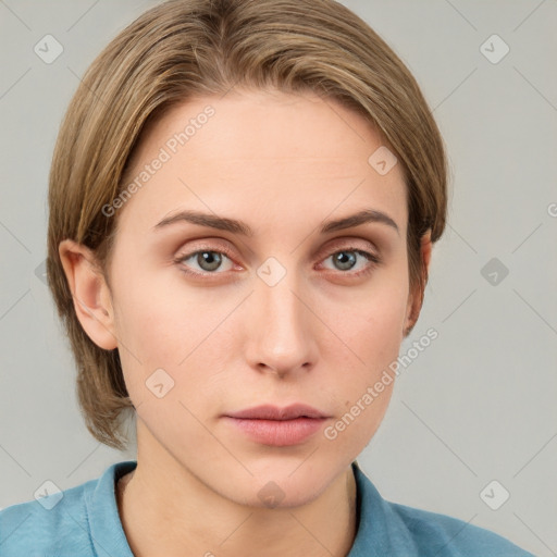 Neutral white young-adult female with short  brown hair and grey eyes