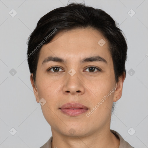 Neutral asian young-adult male with short  black hair and brown eyes