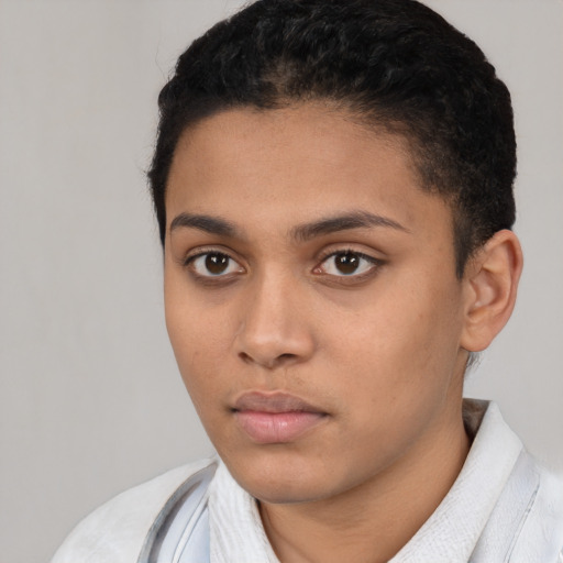 Neutral latino young-adult female with short  black hair and brown eyes