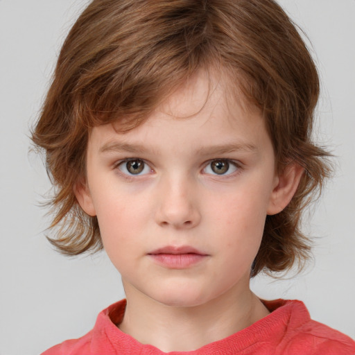 Neutral white child female with medium  brown hair and grey eyes