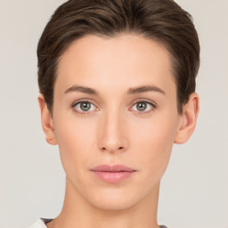 Neutral white young-adult female with short  brown hair and brown eyes