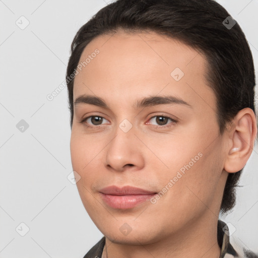 Joyful white young-adult female with short  brown hair and brown eyes