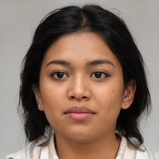 Neutral asian young-adult female with medium  black hair and brown eyes