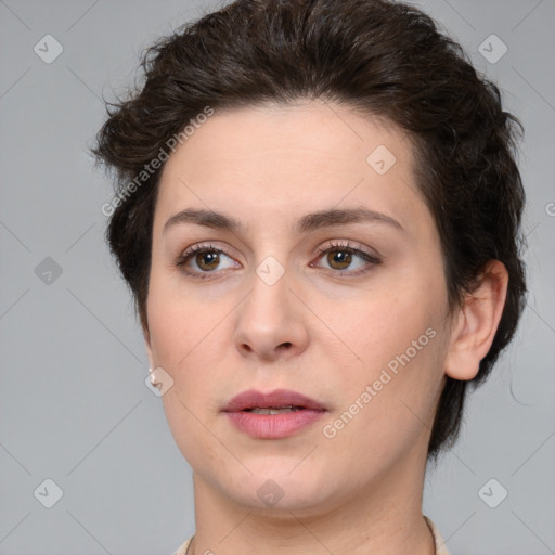 Neutral white young-adult female with medium  brown hair and brown eyes