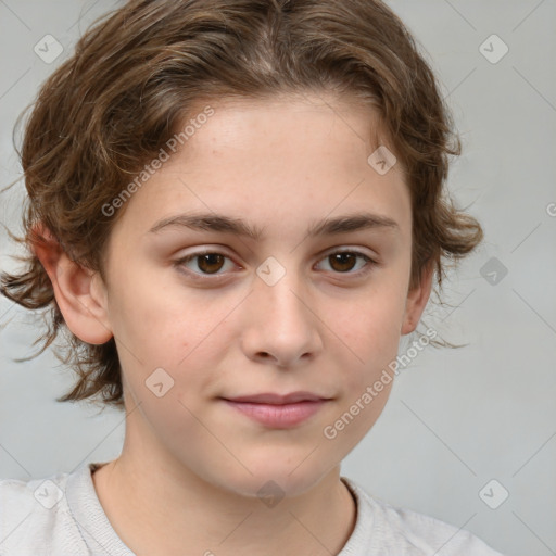 Joyful white child female with medium  brown hair and brown eyes