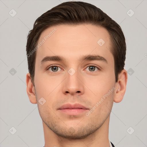 Neutral white young-adult male with short  brown hair and brown eyes