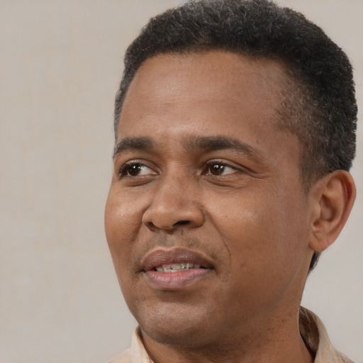 Joyful black adult male with short  brown hair and brown eyes