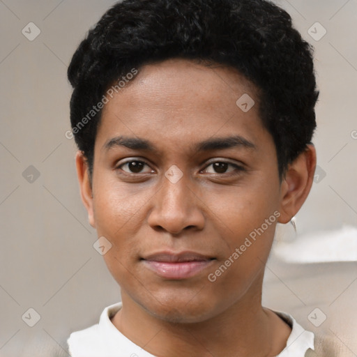 Neutral latino young-adult male with short  black hair and brown eyes