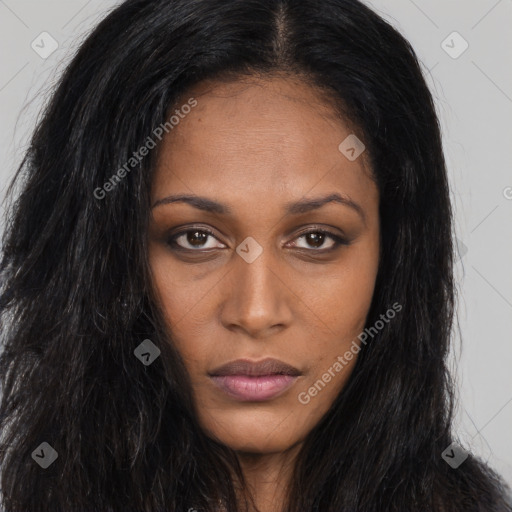 Neutral black young-adult female with long  brown hair and brown eyes