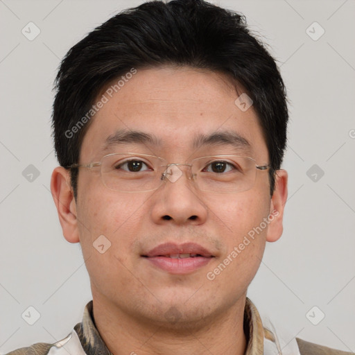 Neutral asian adult male with short  brown hair and brown eyes