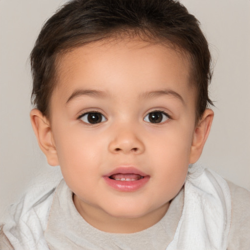 Joyful white child female with short  brown hair and brown eyes