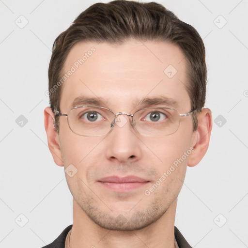 Joyful white adult male with short  brown hair and grey eyes