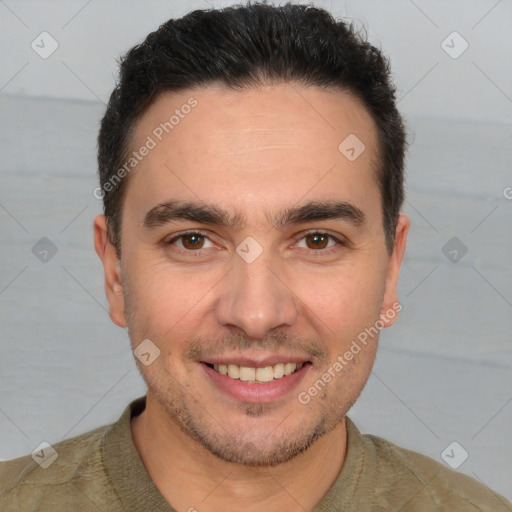 Joyful white young-adult male with short  brown hair and brown eyes