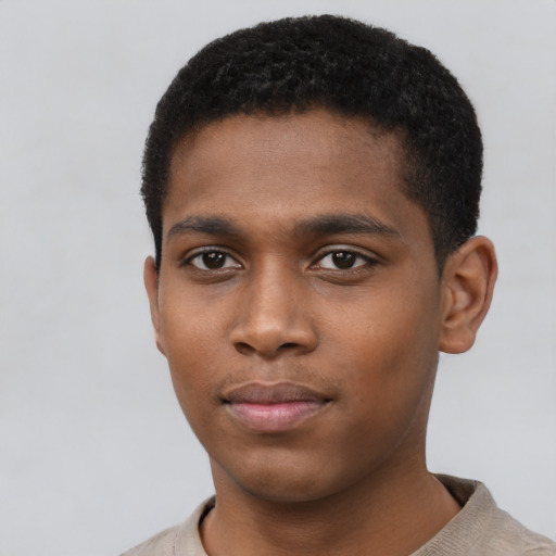 Neutral black young-adult male with short  black hair and brown eyes