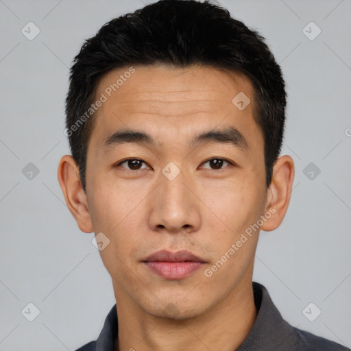 Neutral asian young-adult male with short  black hair and brown eyes