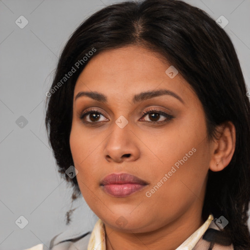 Joyful white young-adult female with medium  brown hair and brown eyes