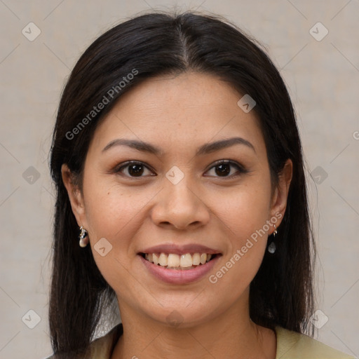 Joyful latino young-adult female with medium  brown hair and brown eyes