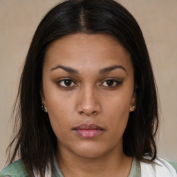 Neutral asian young-adult female with medium  brown hair and brown eyes