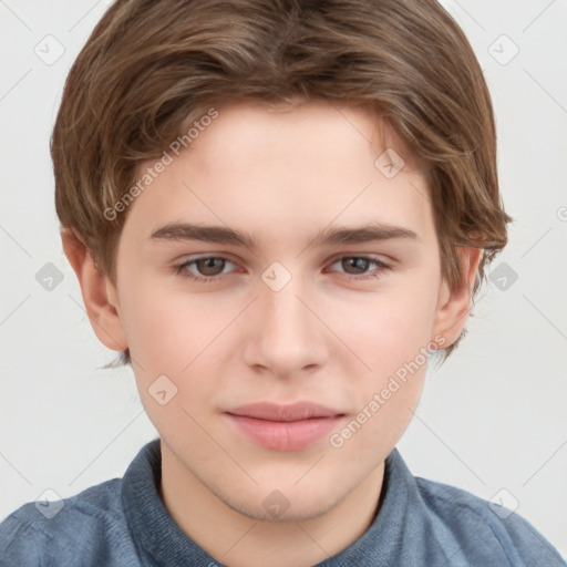 Joyful white child male with short  brown hair and brown eyes