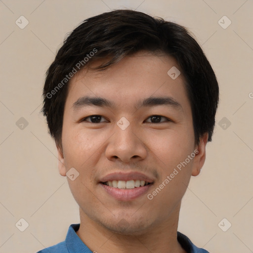 Joyful asian young-adult male with short  black hair and brown eyes