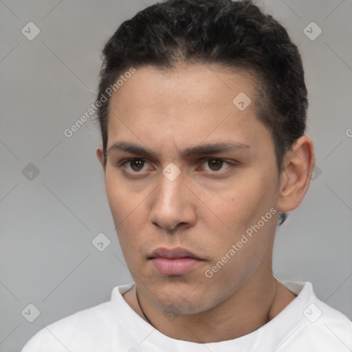 Neutral white young-adult male with short  brown hair and brown eyes