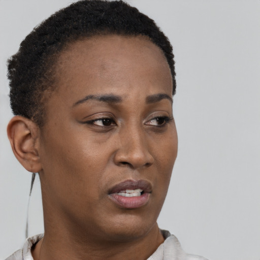 Neutral black young-adult female with short  brown hair and brown eyes