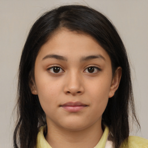 Neutral latino young-adult female with medium  brown hair and brown eyes